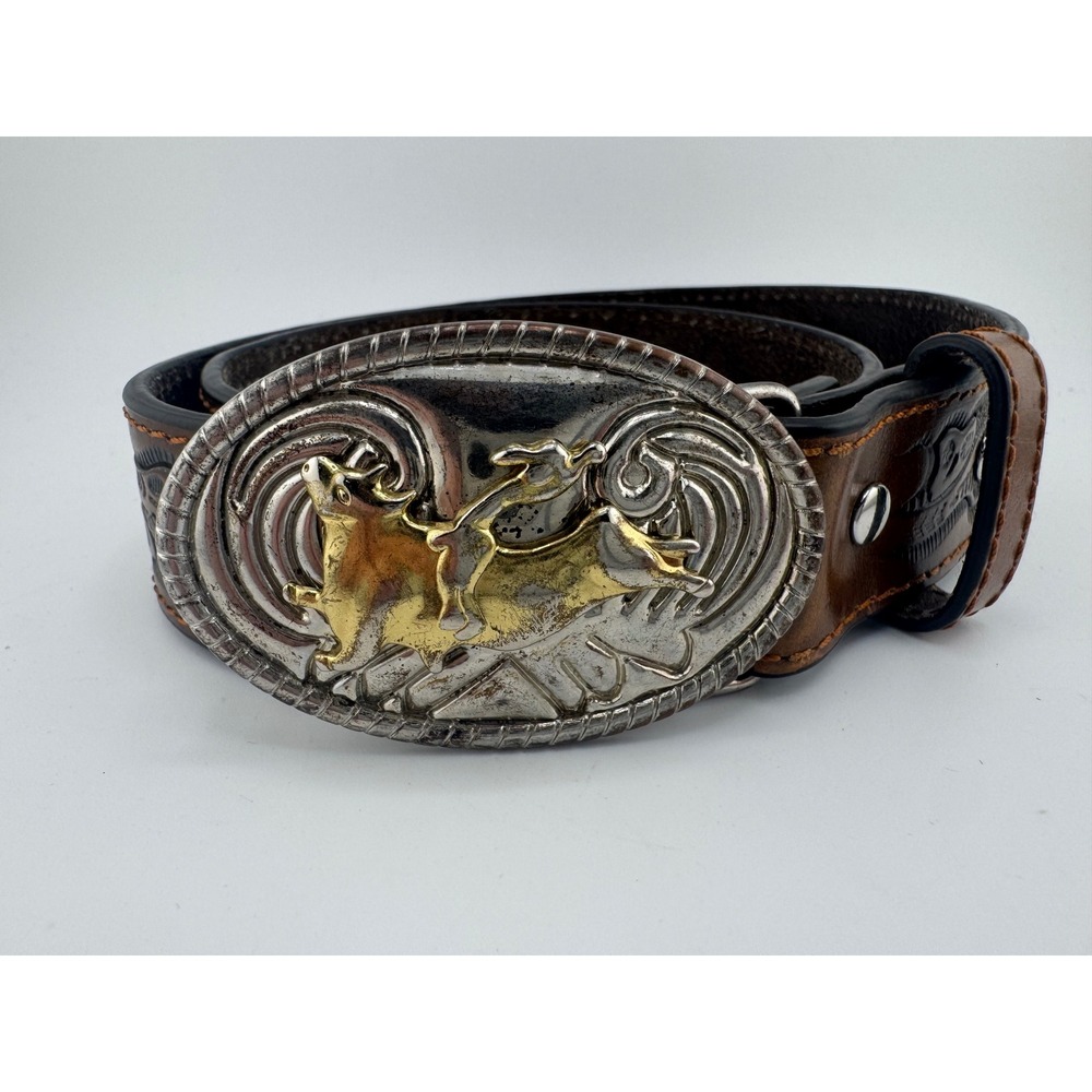 Nocona Brown Tooled Leather Bull Rider Western Belt Size 26 N4410402